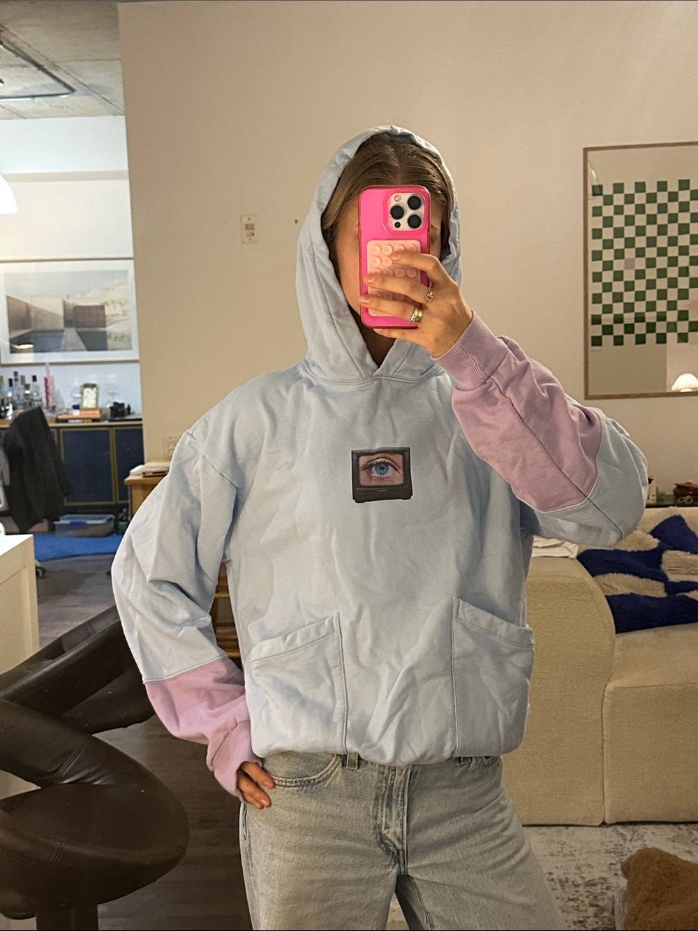 Two-Tone Light Blue and Lavender Hooded Sweatshirt with Eye Patch